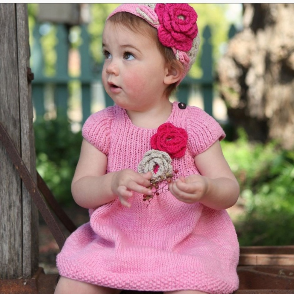 RuffleButts Pink Flower Handmade Knit Dress